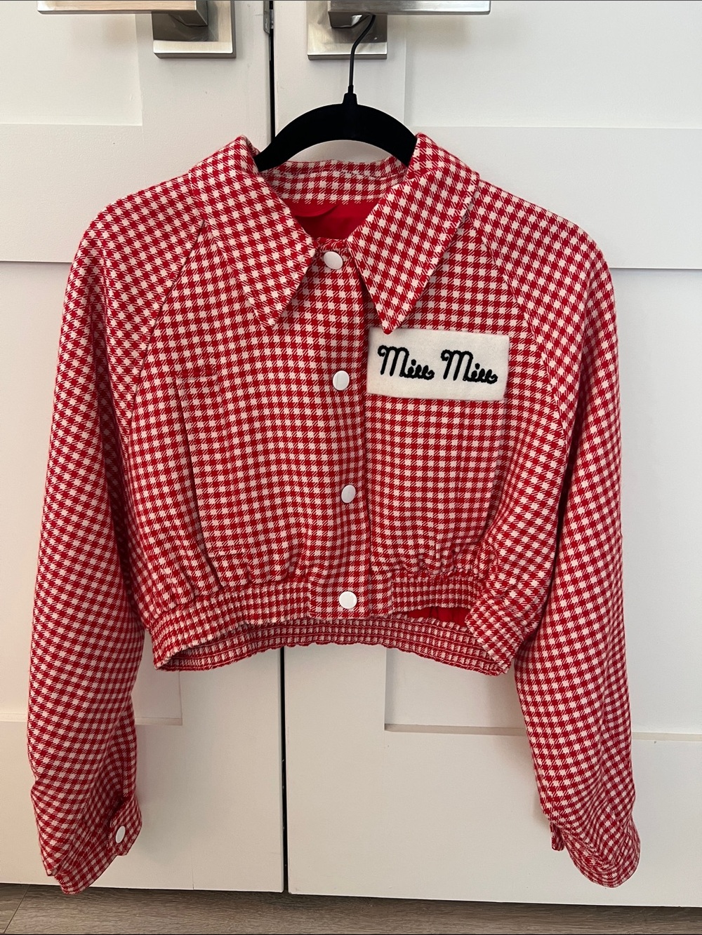 Miu Miu Gingham-Check Red Cropped Jacket - Picture 4 of 7